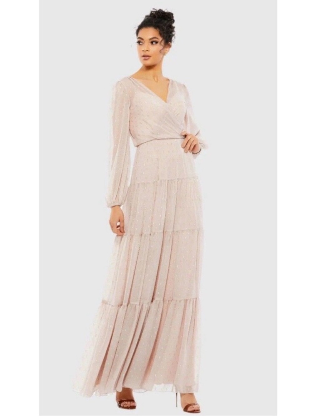 Mac Duggal Blush Faux Wrap Long Sleeve Tiered Gown Metallic in fabric Sz 16